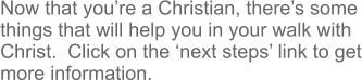 Now that you’re a Christian, there’s some things that will help you in your walk with Christ.  Click on the ‘next steps’ link to get more information.